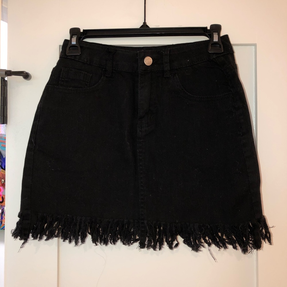 Black Fringe Denim Skirt